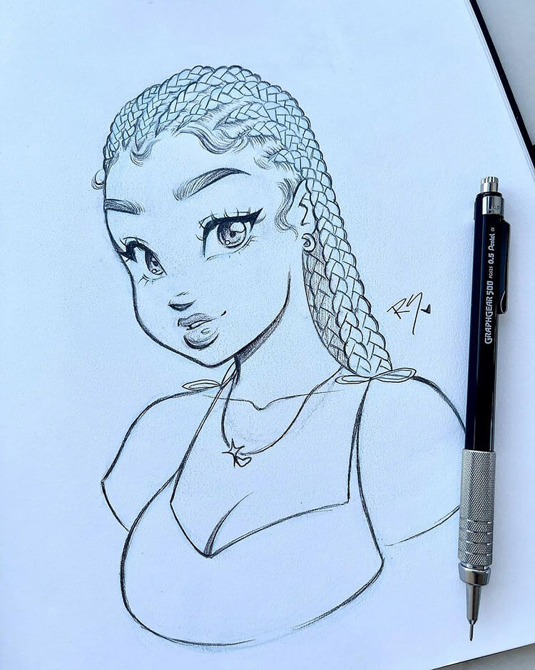 Cute Girl with Braids Drawing