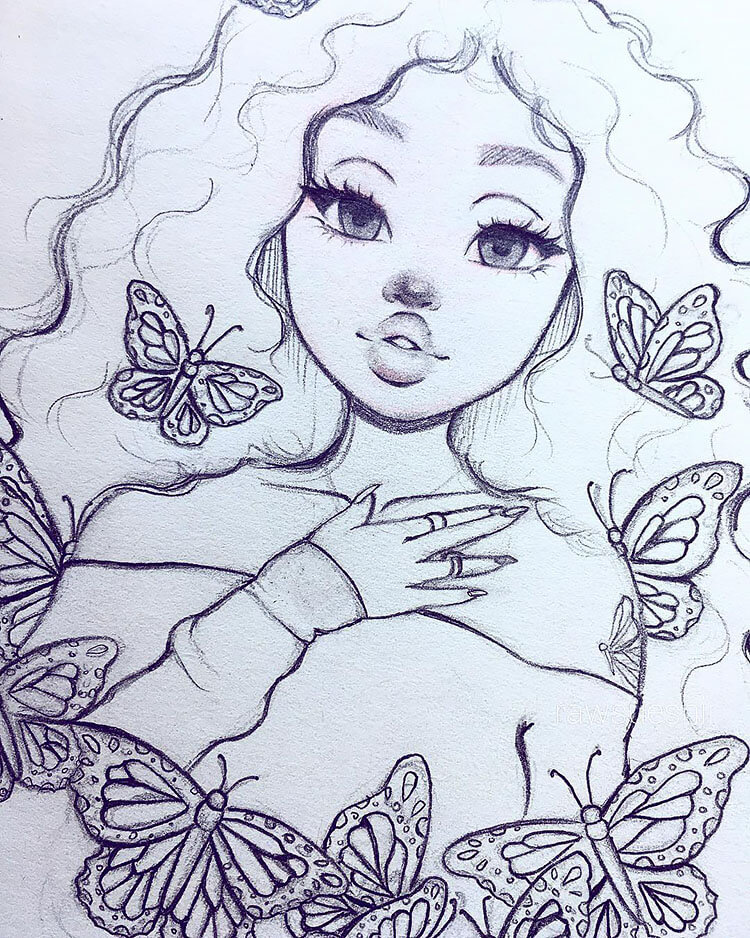 Girl Surrounded by Butterflies