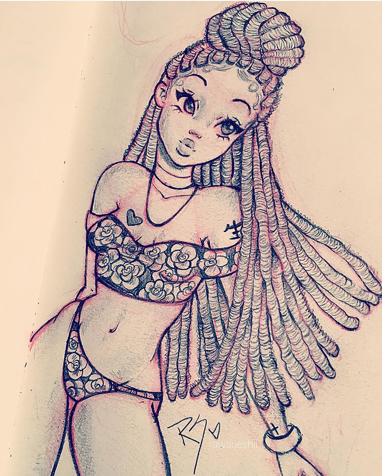 Girl with Goddess Locs Drawing